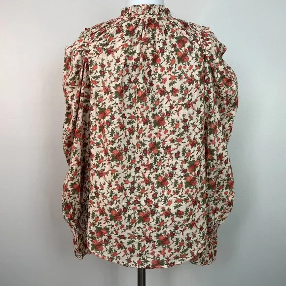 Free People Top XS Floral Orange Green Puff Sleeve Cotton Boho Blouse Women's - Picture 8 of 15